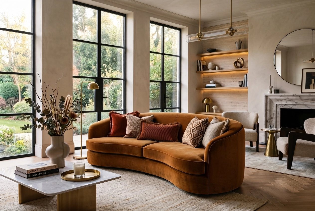 Living room with velvet fabric upholstery sofa and cushions
