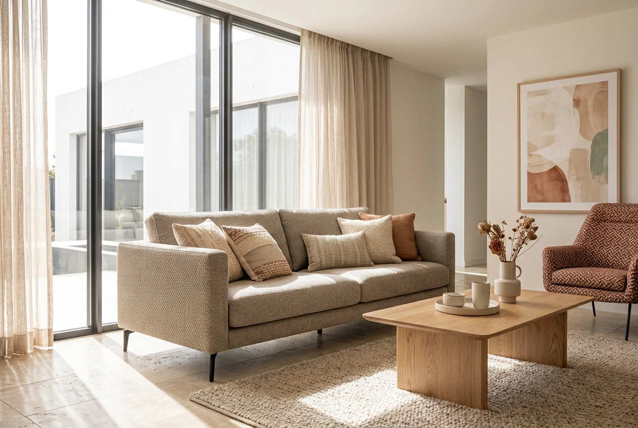 Sustainable materials used on a sofa, armchair and cushions in an interior design setting