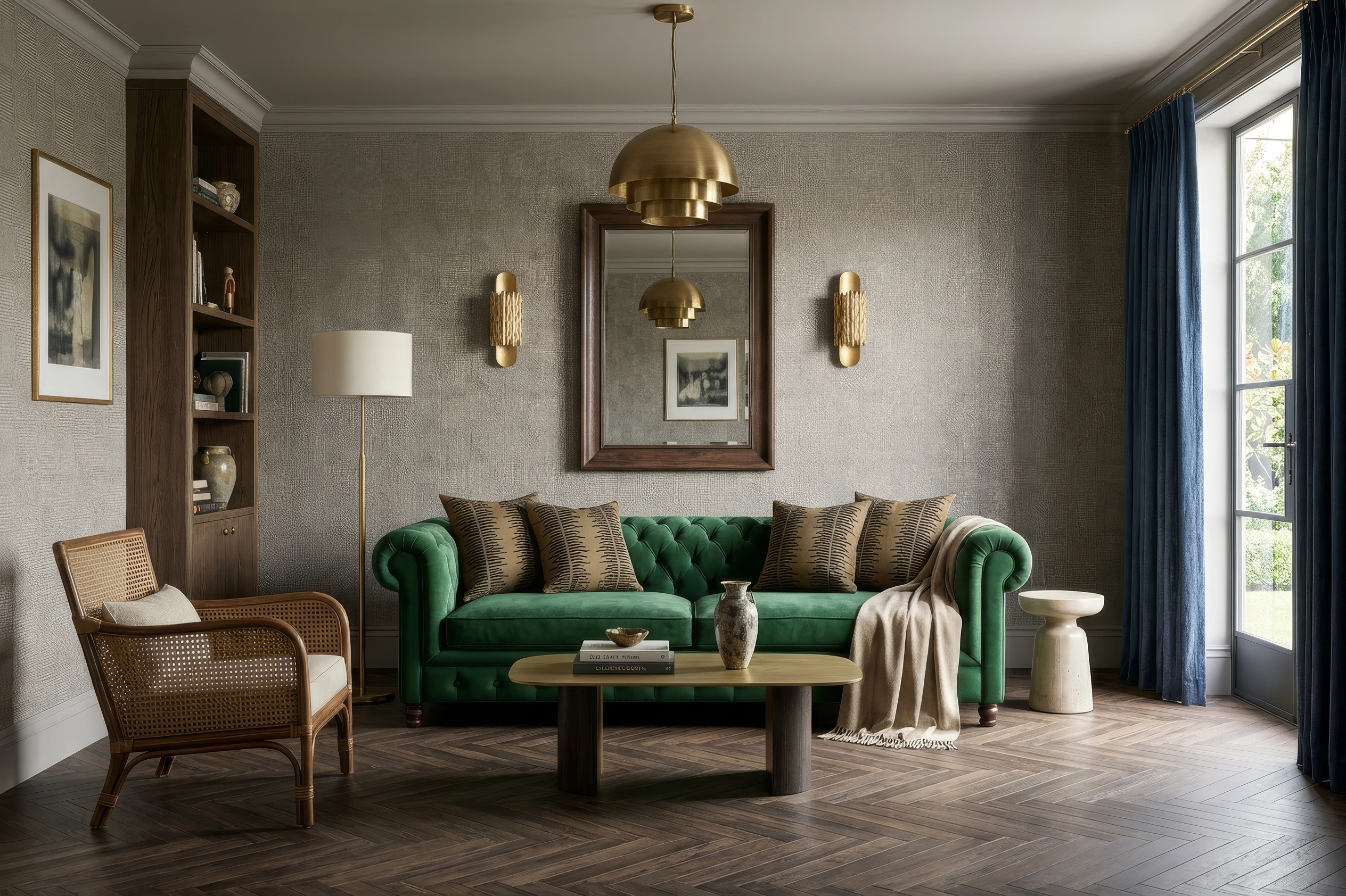 Living room interior design combining a green velvet sofa, decorative cushions, textured wallcoverings and blue curtains